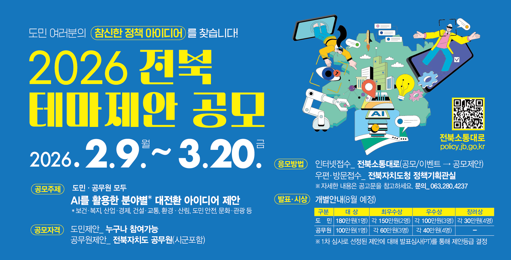 도민 여러분의 참신한 정책 아이디어를 찾습니다!2026 전북 테마제안 공모 2026년 2월 9일 월요일부터 3월 20일 금요일까지 공모주제 도민, 공무원 모두 AI를 활용한 분야별 대전환 아이디어 제안 분야 : 보건복지, 산업경제, 건설교통, 환경산림, 도민 안전, 문화관광 등 공모자격 도민제안 누구나 참여가능, 공무원제안 전북자치도 공무원(시군포함) 응모방법 인터넷접수 방법 전북소통대로(공모,이벤트 → 공모제안) 우편방문접수 방법 전북자치도청 정책기획관실 자세한 내용은 공고문을 참고하세요. 문의 063 280 4237 발표시상 개별안내 8월예정 도민 대상 180만원 1명 최우수상 각150만원 2명 우수상 각100만원 3명 장려상 각30만원 4명 공무원 대상 100만원 1명 최우수상 각60만원 3명 우수상 각40만원 4명 1차 심사로 선정된 제안에 대해 발표심사 PT를 통해 제안등급 결정